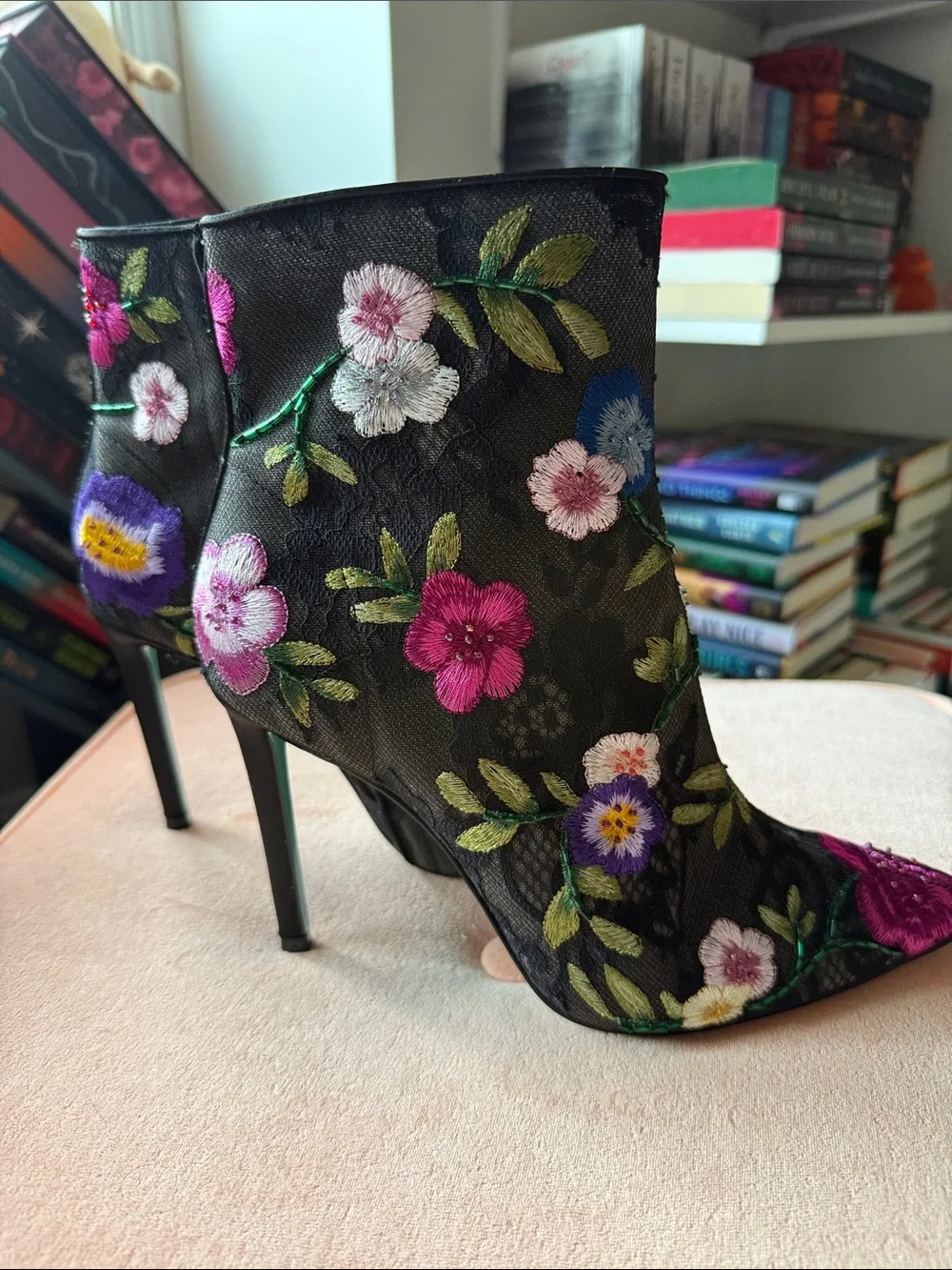 Betsey Johnson Black Floral Embroidered Pointed Toe Ankle Boots